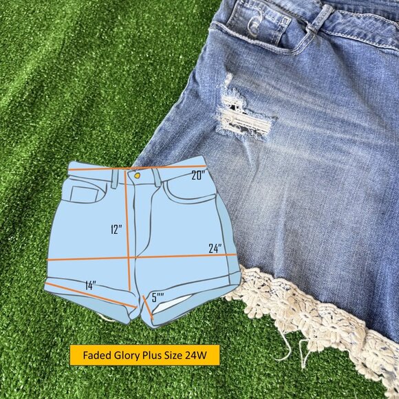 Faded Glory Lace Trim High Rise Distressed Denim Jeans Shorts Plus Size 24W - Picture 3 of 14